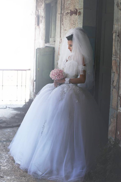 Delicate Off-the-shoulder Tulle Wedding Dress Lace Appliques Ball Gown