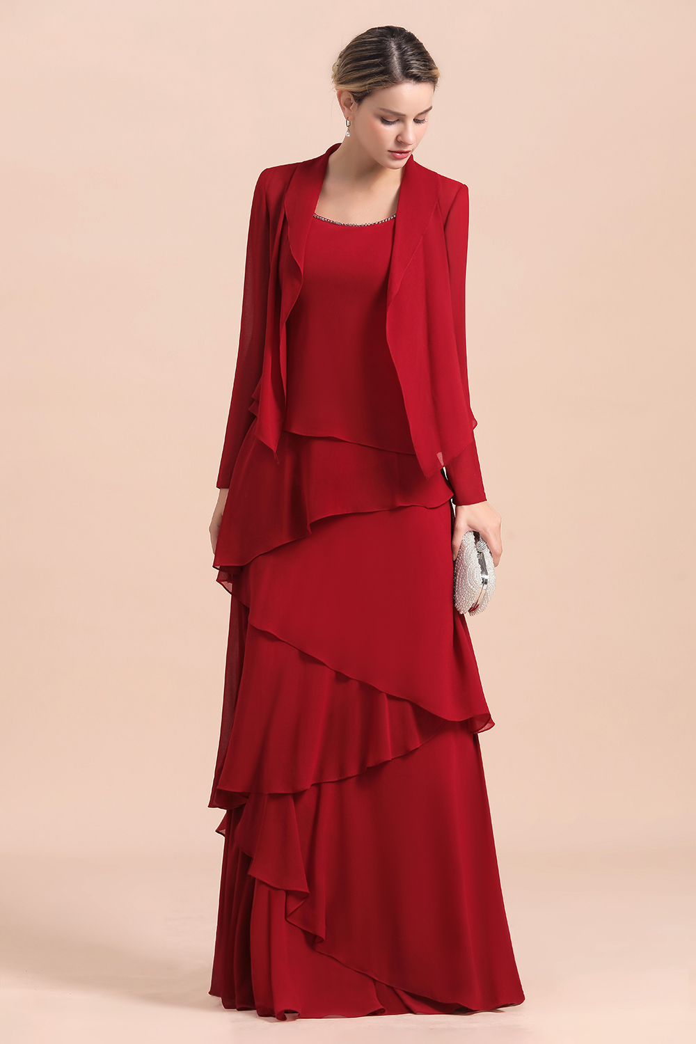 Burgundy Chiffon Mother of the Bride Dress Ruffles With Jacket