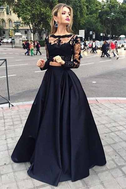 Elegant Black Lace Long Sleeve Prom Dress UK Two Pieces Long Evening Gown