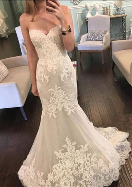 Pretty Sweetheart Lace Wedding Dresses UK Sexy Mermaid Tulle Sheer Skirt-27Dress.co.uk