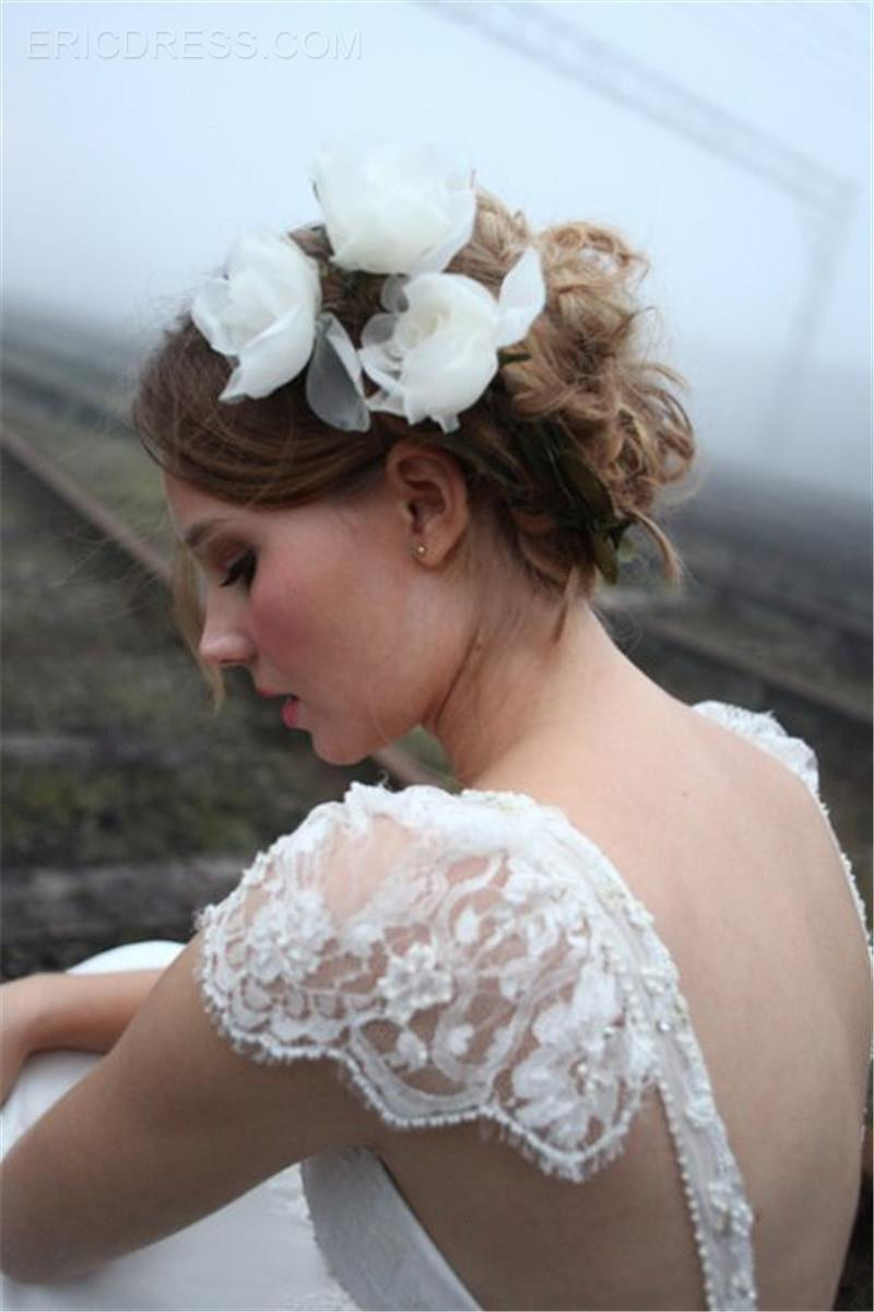 Elegant Summer Beach Wedding Dresses UK Cap Sleeve Lace Long Bridal Gowns