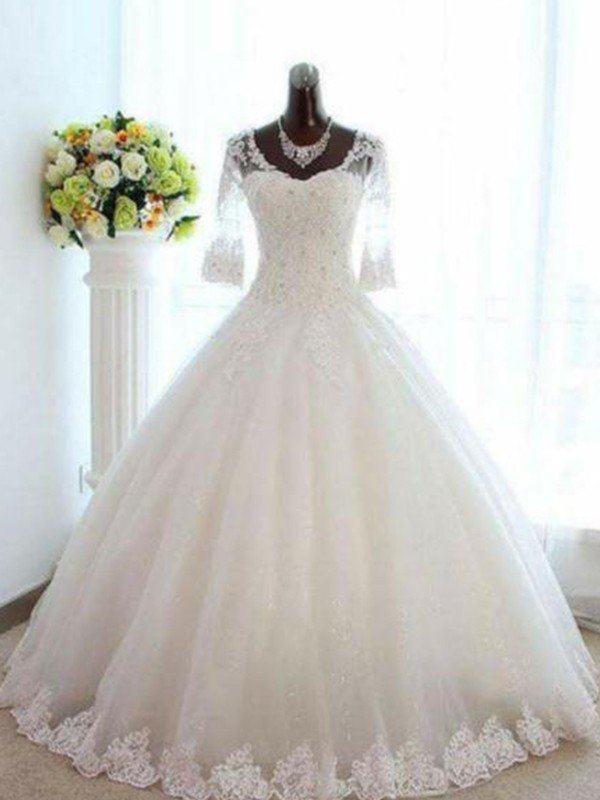 Floor-Length Tulle Ball Gown Beads V-Neck 3/4 Sleeves Bateau Wedding Dresses UK