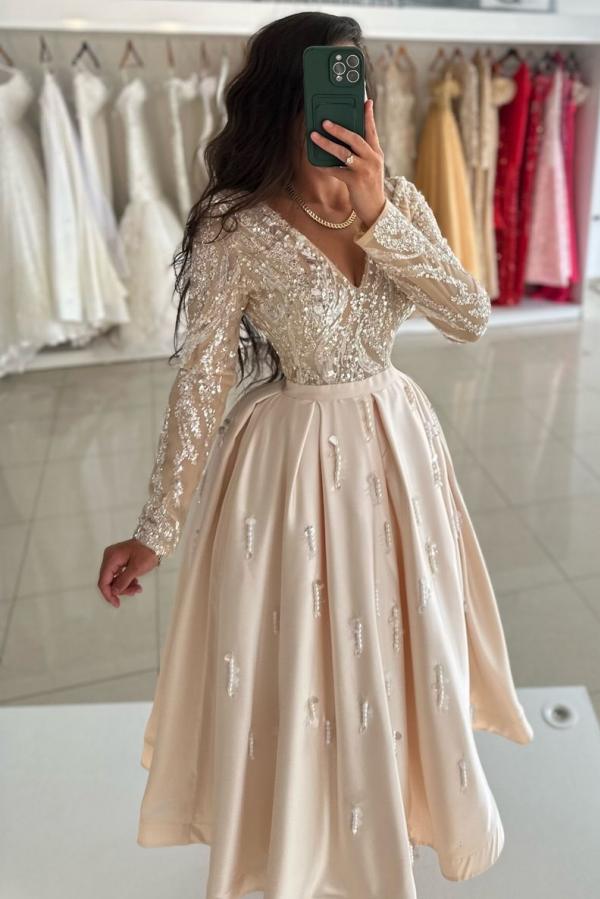 Chic V-Neck Sequins Satin Ankle Length Evening Dress Long Sleeves Beadings Glitter Formal Dress