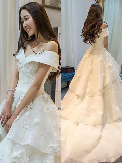 Sleeveless Off-the-Shoulder Ball Gown Court Train Tulle Wedding Dresses UK