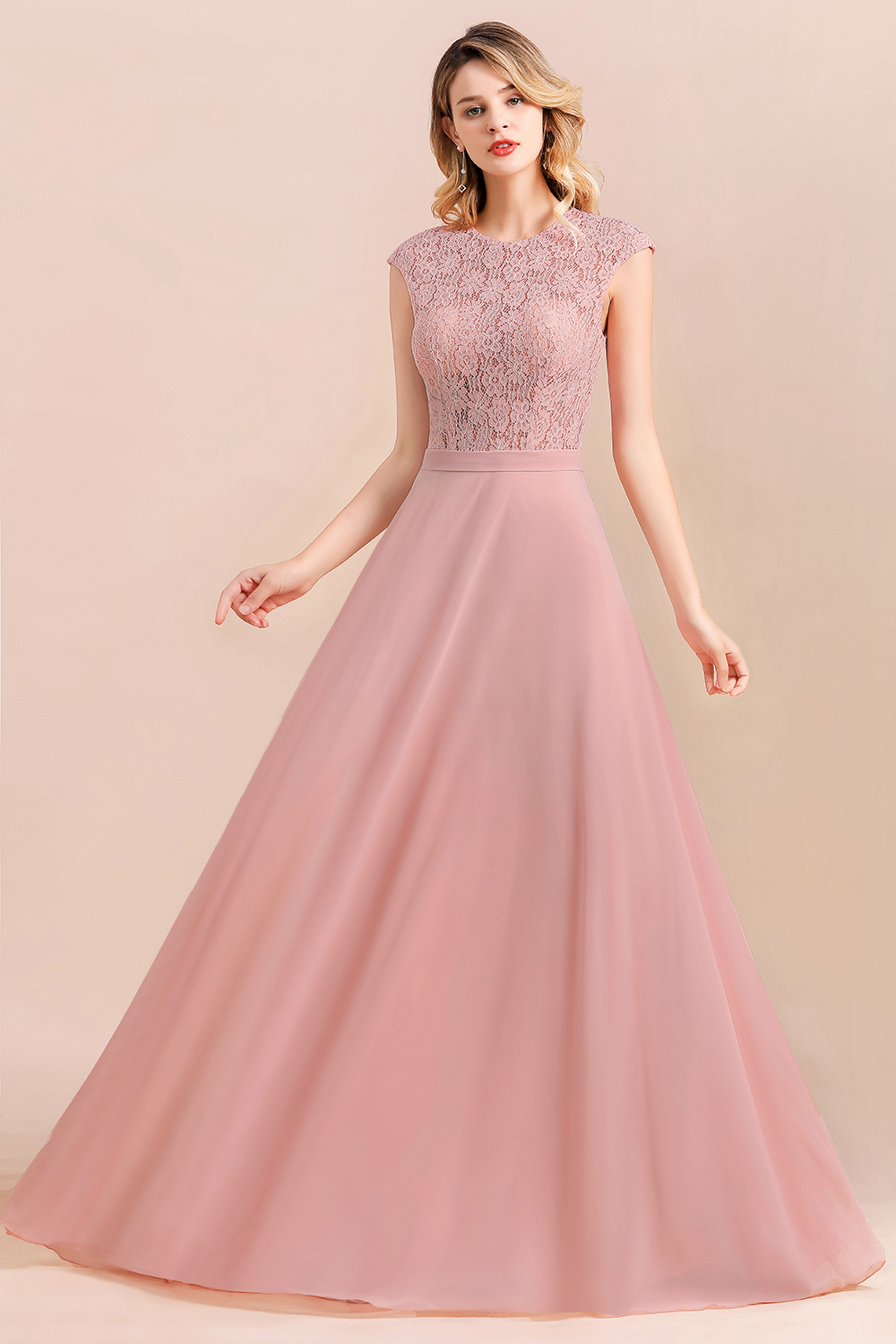 Elegant Scoop Neck Dusty Pink Lace Chiffon Bridesmaid Dress