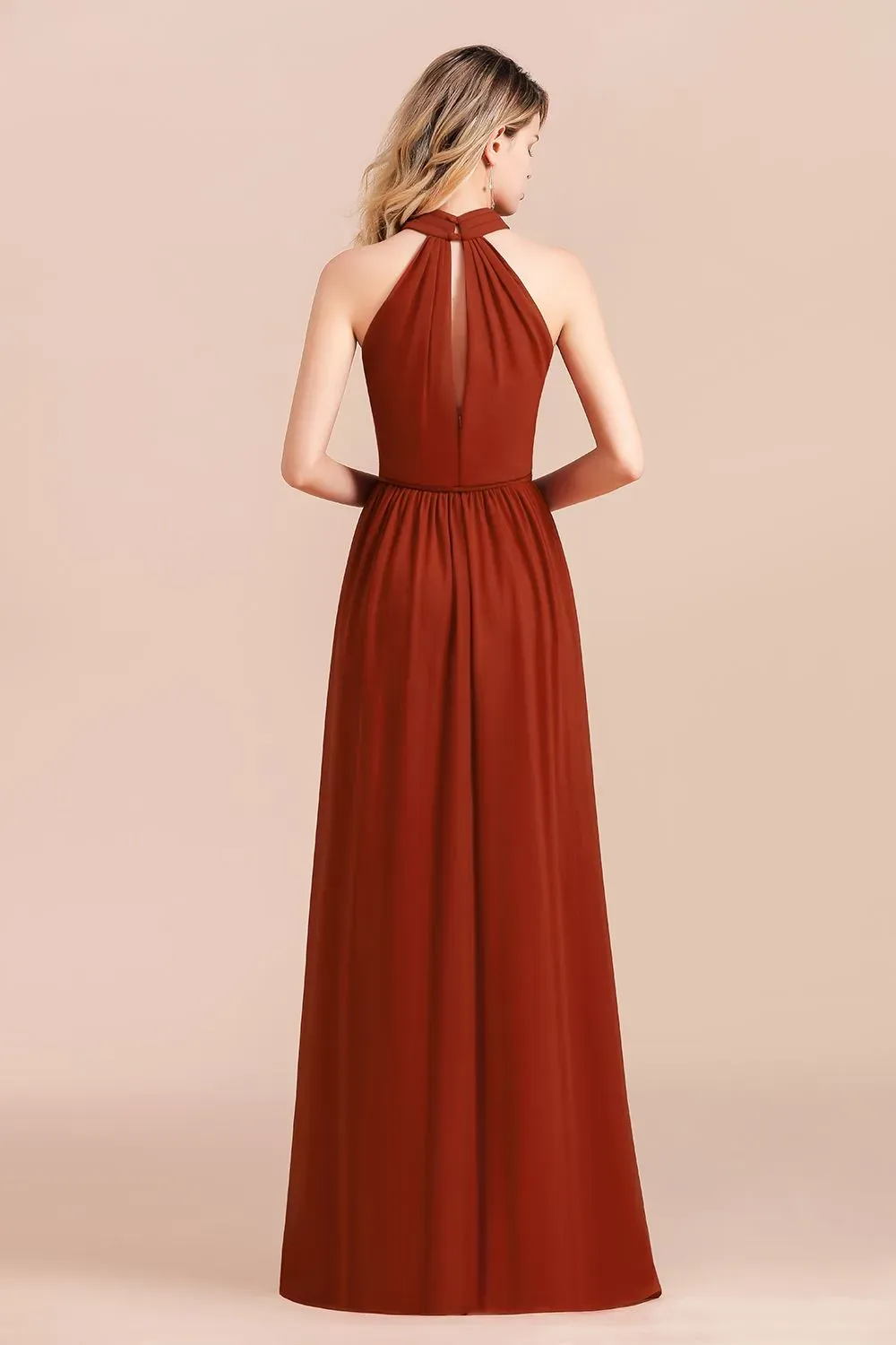Elegant Halter Long Rust Bridesmaid Dresses with Front Slit