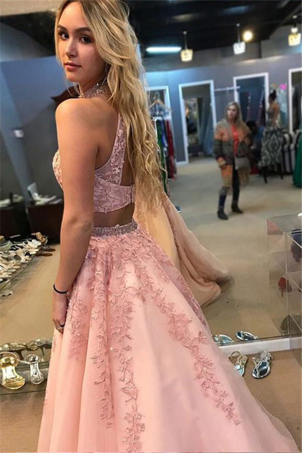 Sexy Lace Appliques Halter Two Piece Prom Dress UKes UK Open Back Sleeveless Evening Dress UKes UK with Beads-27Dress.co.uk