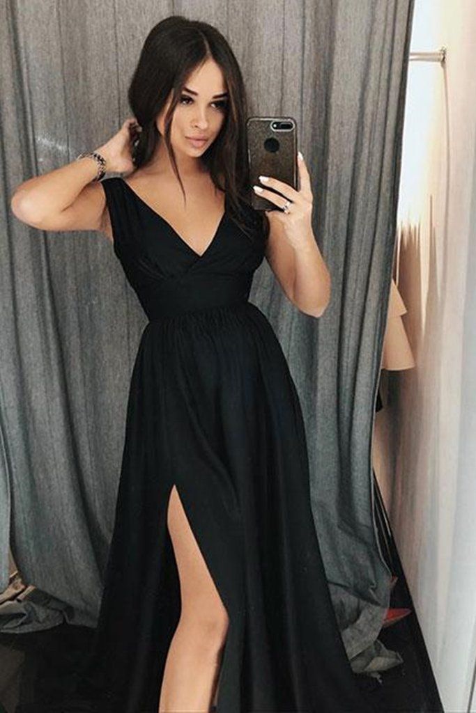 Black Elegant V-Neck Prom Dress UKes UK Side slit Sleeveless Evening Dress UKes UK