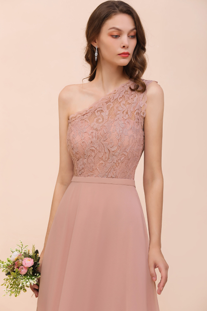 One Shoulder Dusty Pink Lace Chiffon Bridesmaid Dresses