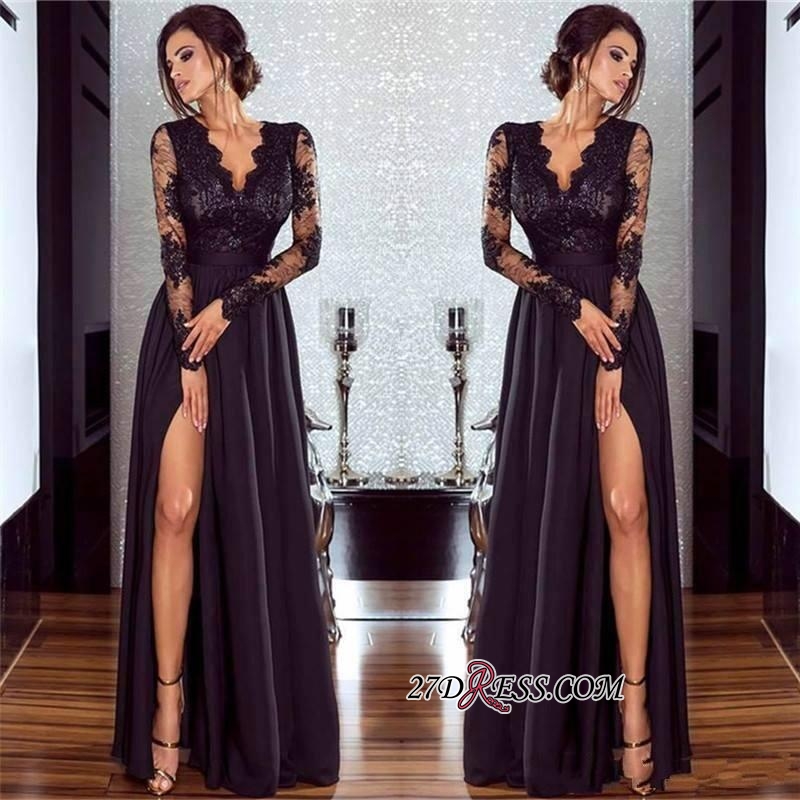 Lace Long Prom Dress UK | Long Sleeve Evening Gowns With Split