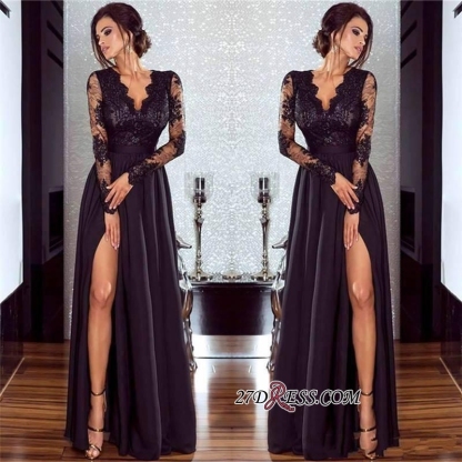 Lace Long Prom Dress UK | Long Sleeve Evening Gowns With Split