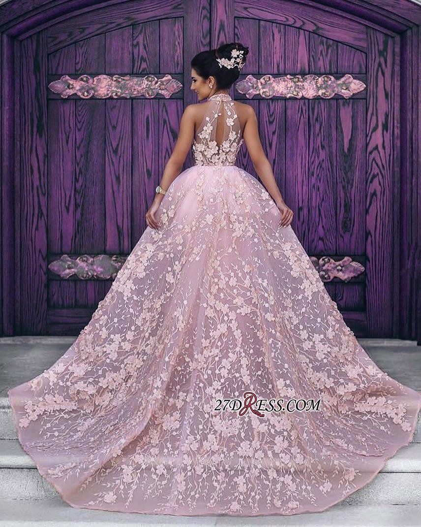 Sleeveless Gorgeous Lace-Appliques Halter Pink Evening Dress UK