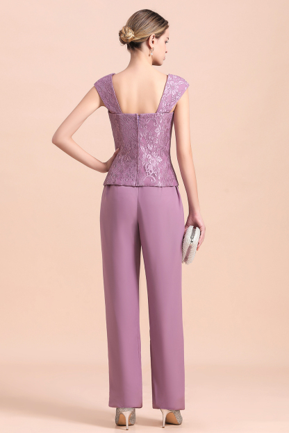 Cap-Sleeves Lace Chiffon 3 Piece Mother of Bride Jumpsuit with Wrap