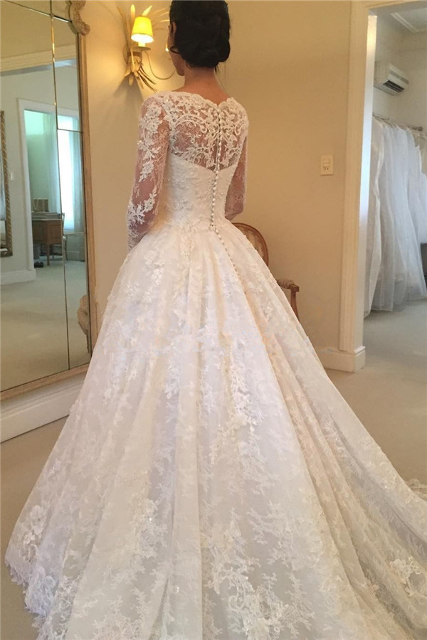 Elegant Puffy Lace Buttons Squared Long-Sleeve Court-Train Wedding Dress