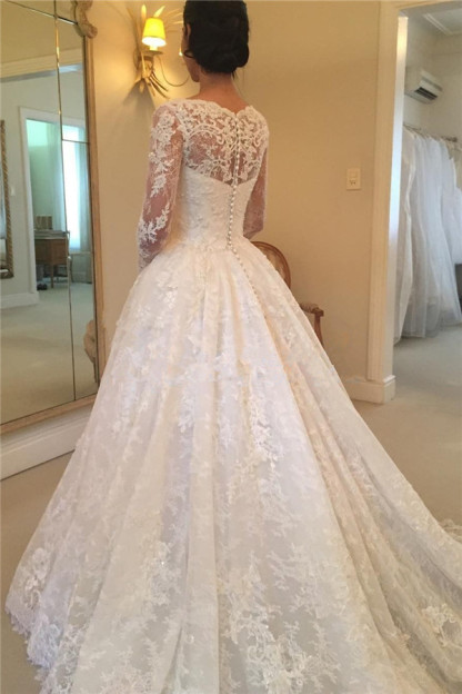 Elegant Puffy Lace Buttons Squared Long-Sleeve Court-Train Wedding Dress