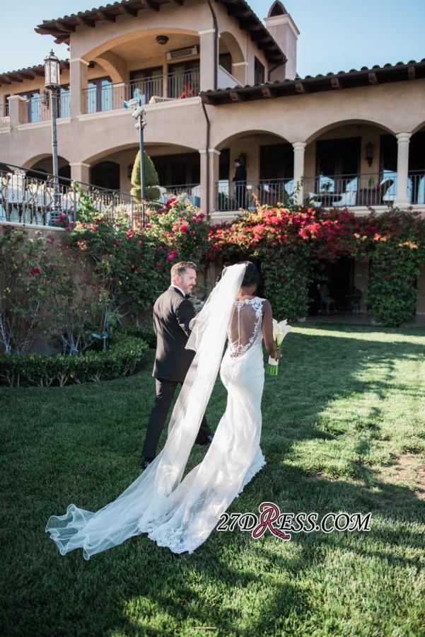 Lace Buttons Sexy Mermaid Appliques Crystal Long-Sleeves Elegant Wedding Dress