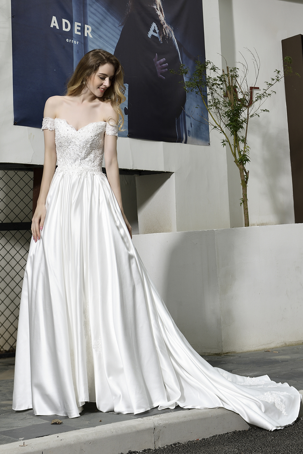Off-the-Shoulder Satin Wedding Dress Aline Floral Lace Bridal Gown