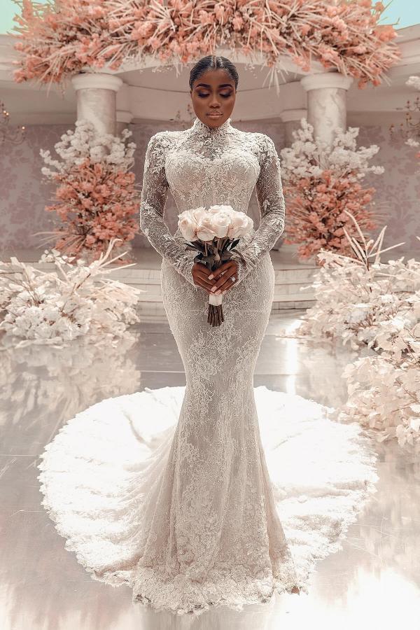 Gorgeous High Neck Floral Lace Mermaid Wedding Dresses with Sleeves Slim Bridal Gown