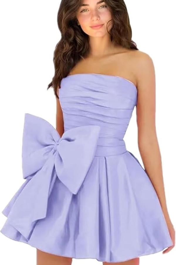 Simple Strapless Ruffle Satin Short Homecoming Dress with Bow