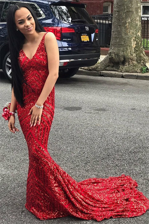 Modern Spaghetti Straps Sleeveless V-Neck Sequins Elegant Mermaid Prom Dress UK UK