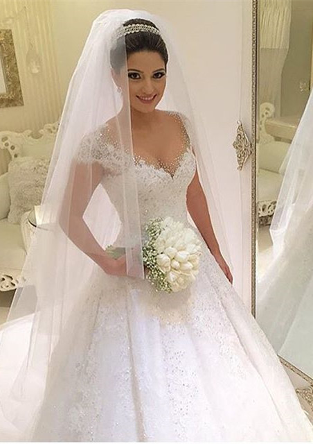 Newest V-neck Tulle Lace Appliques Wedding Dress Ball Gown Beadss Court Train BA2915-27Dress.co.uk