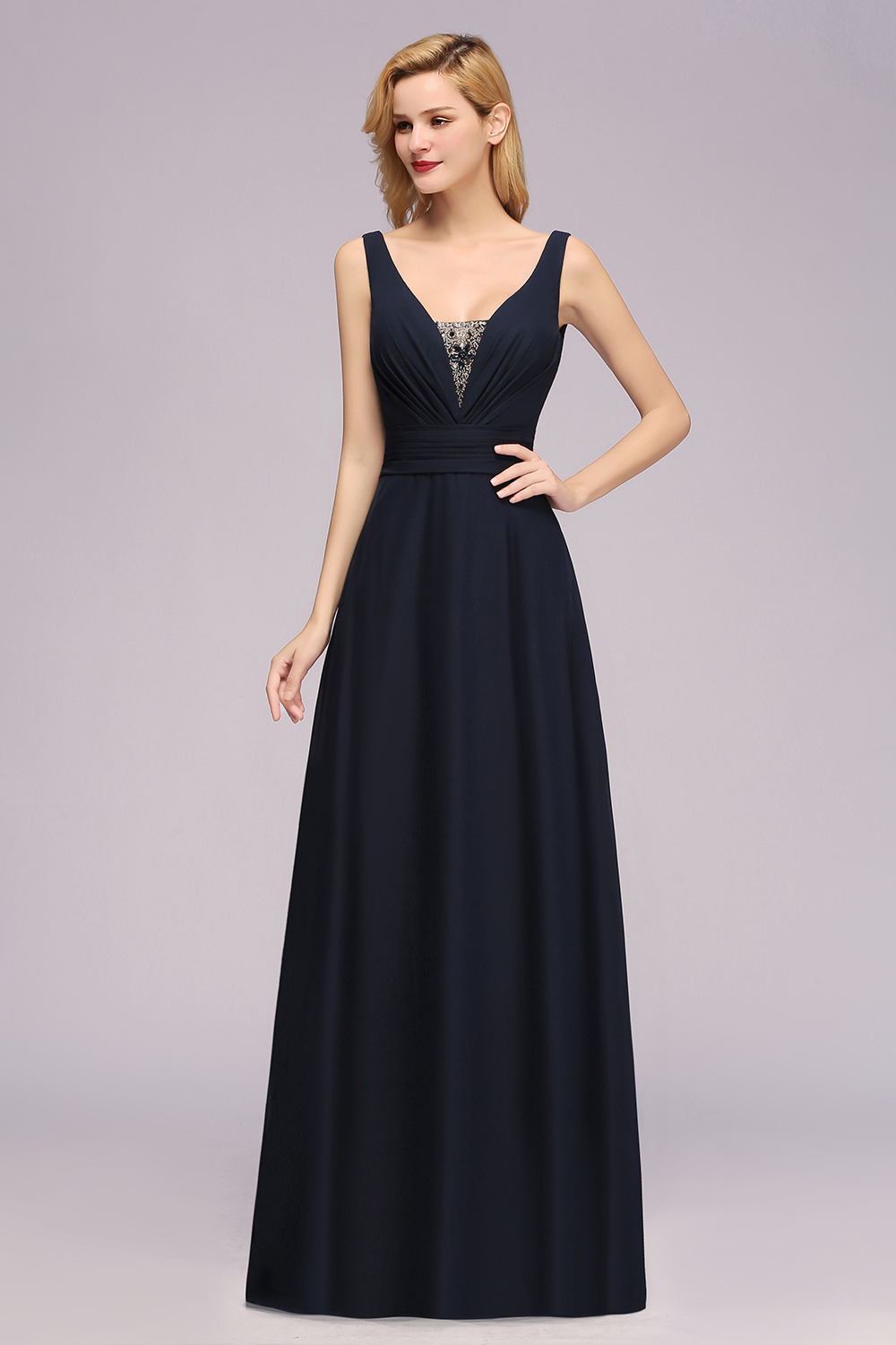 V-Neck Chiffon Beadings Long Bridesmaid Dresses