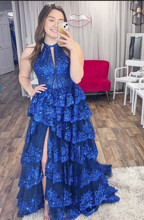 Unique Halter Tulle A-Line Sequins Prom Dresses Split Front