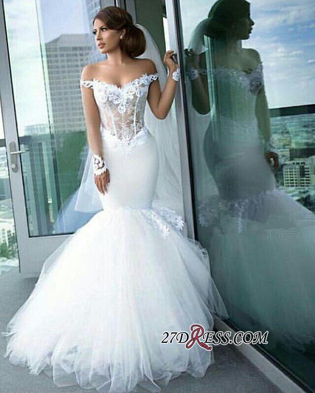 Tulle Long-Sleeves Off-the-Shoulder Appliques Sexy Mermaid Elegant Wedding Dress qq0158
