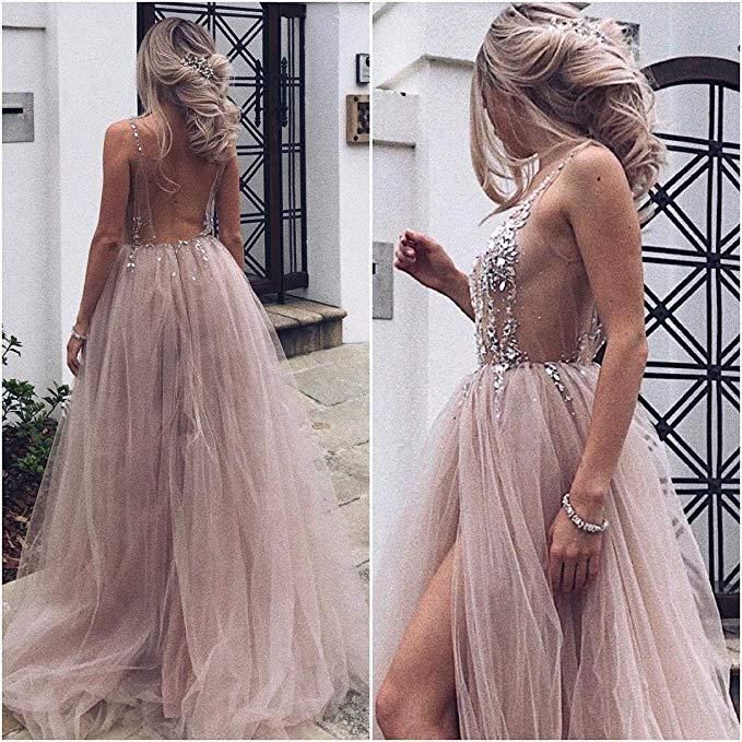 Pink Elegant V-Neck Lace Appliques Crystal Prom Dress UKes UK Sheer Side slit Backless Sleeveless Evening Dress UKes UK