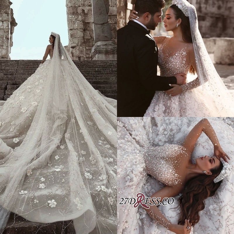 Glamorous Beads Floral Bridal Gowns Sheer Neck Long Sleeves Ball Gown Wedding Dresses UK