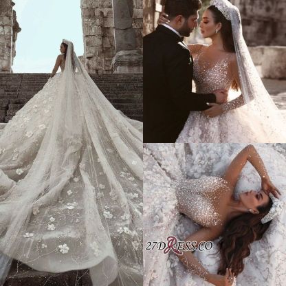 Glamorous Beads Floral Bridal Gowns Sheer Neck Long Sleeves Ball Gown Wedding Dresses UK