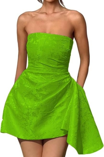 Strapless Ruched Satin Short Party Dress Sleeveless Knee Length Jacquard Homecoming Dress with Pocket