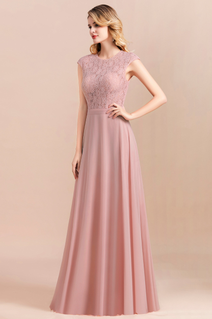 Elegant Scoop Neck Dusty Pink Lace Chiffon Bridesmaid Dress