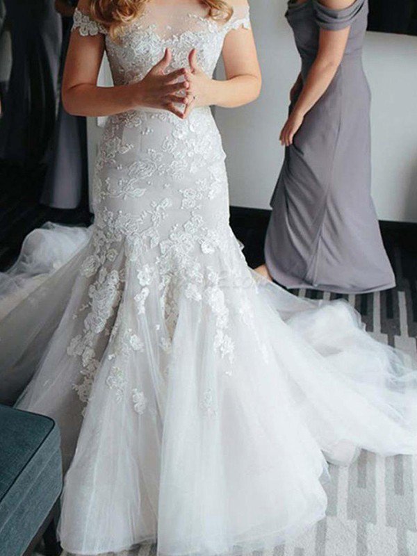 Applique Sexy Mermaid Off-the-Shoulder Lace Tulle Court Train Sleeveless Wedding Dresses UK