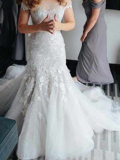 Applique Sexy Mermaid Off-the-Shoulder Lace Tulle Court Train Sleeveless Wedding Dresses UK