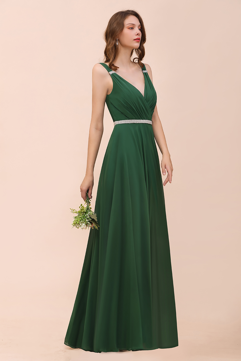 Elegant Ruffle Chiffon Bridesmaid Dress V-Neck Straps Evening Wear Dress for Bride
