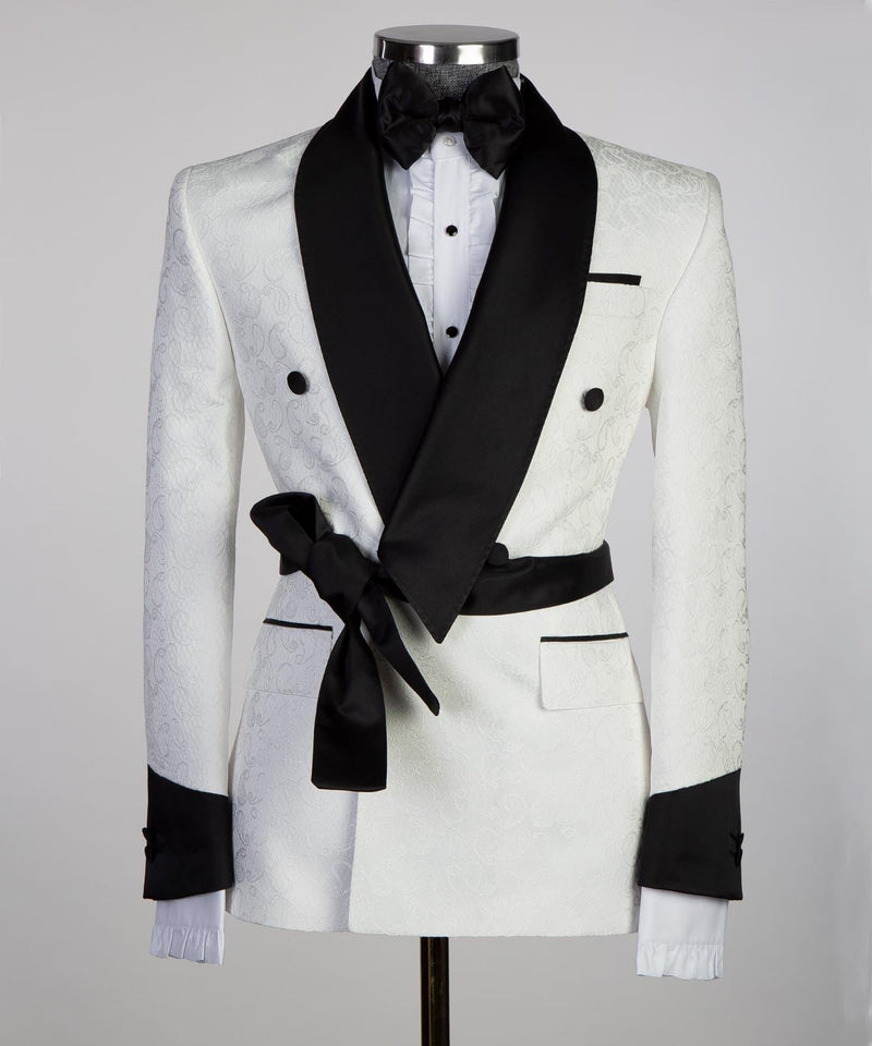 Cuthbert Fashion White Double Breasted Shawl Lapel Jacquard Wedding Men Suits