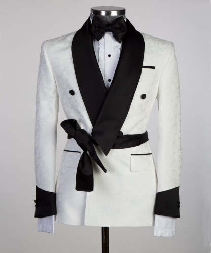 Cuthbert Fashion White Double Breasted Shawl Lapel Jacquard Wedding Men Suits