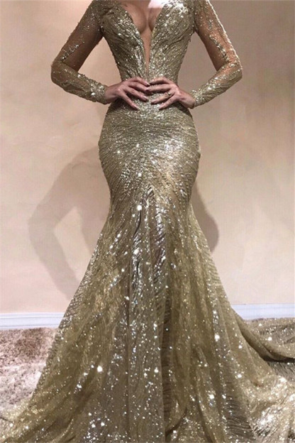 Sexy Elegant Mermaid Sexy V-Neck Long Sleeves Sequin Prom Dress UKes UK UK