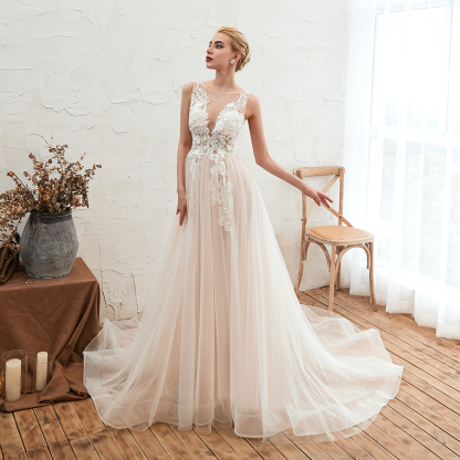 Stylish Scoop Neck ALine Wedding Dress Sleeveless Tulle Lace Bridal Gown