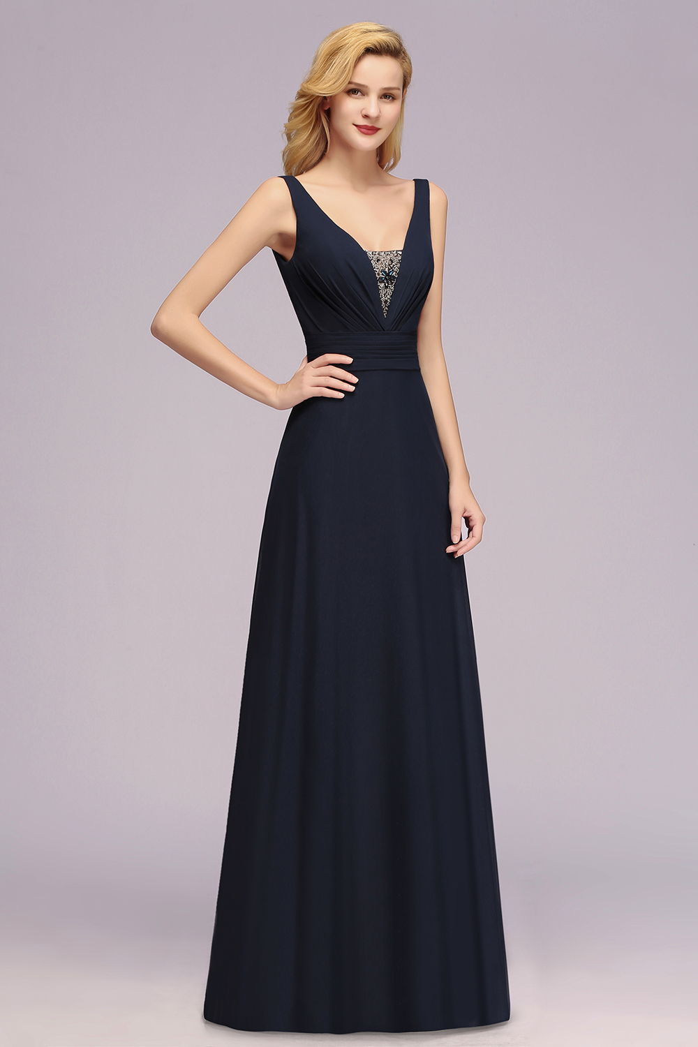 V-Neck Chiffon Beadings Long Bridesmaid Dresses