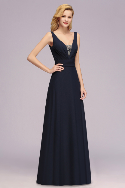 V-Neck Chiffon Beadings Long Bridesmaid Dresses