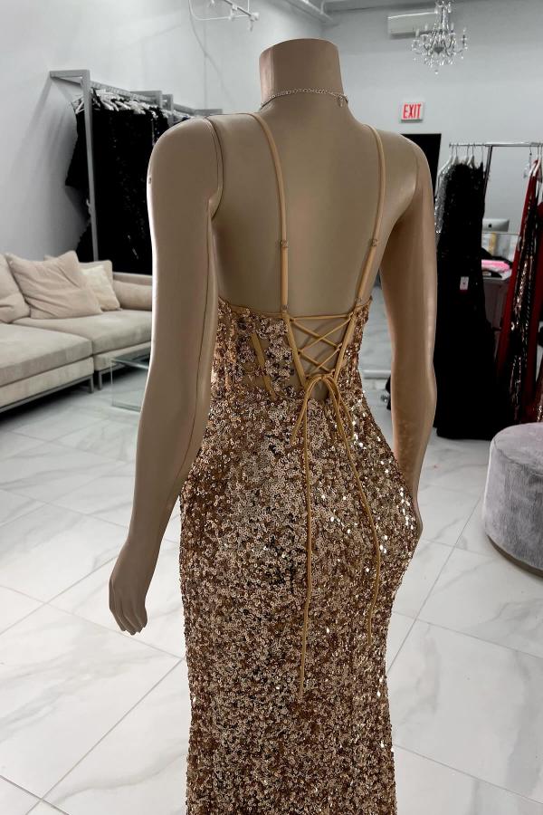 Charming Sleeveless Glitter Sequins Mermaid Prom Dress Spaghetti Straps V-Neck Side Split Party Wear Dress-27Dress.co.uk