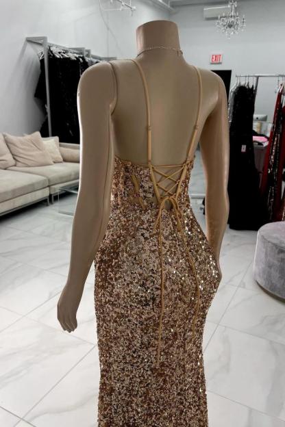 Charming Sleeveless Glitter Sequins Mermaid Prom Dress Spaghetti Straps V-Neck Side Split Party Wear Dress-27Dress.co.uk