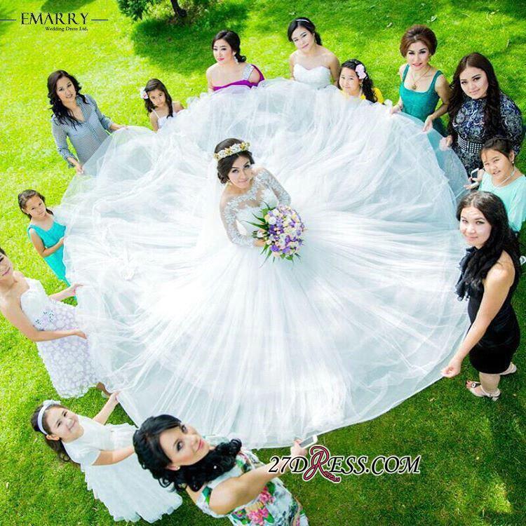 Ball-Gown Long-Sleeve Tulle Elegant Lace Princess Wedding Dress