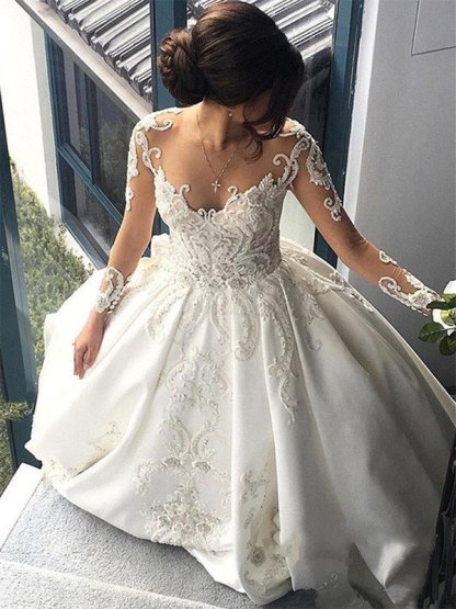 Satin Ball Gown Scoop Neckline Cathedral Train Applique Long Sleeves Wedding Dresses UK