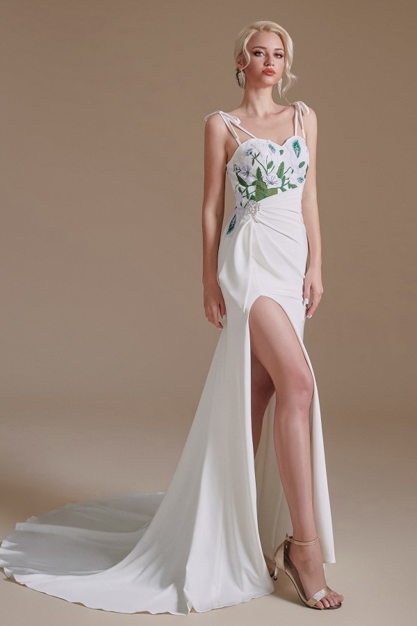 Spaghetti Straps Side Slit Wedding Dress with Leaves-27Dress.co.uk