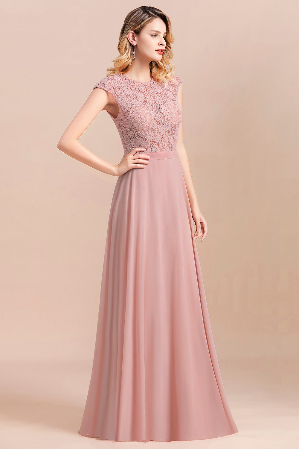 Elegant Scoop Neck Dusty Pink Lace Chiffon Bridesmaid Dress