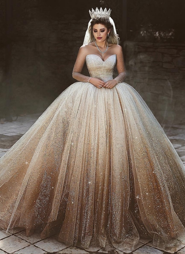 New Arrival Tulle Floor-Length Wedding Dresses UK Scoop Neckline Long Sleeves Bridal Dresses with Sequins