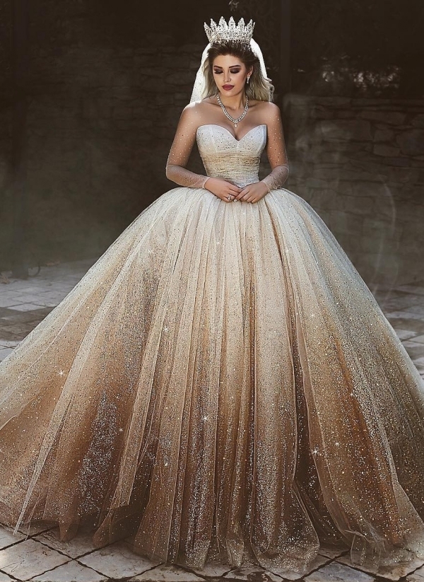 New Arrival Tulle Floor-Length Wedding Dresses UK Scoop Neckline Long Sleeves Bridal Dresses with Sequins-27Dress.co.uk